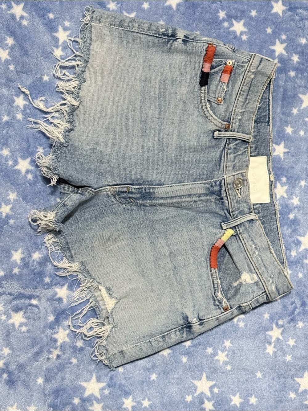 MOTHER Light Wash Frayed Hem Denim Shorts with Colorful Stitching